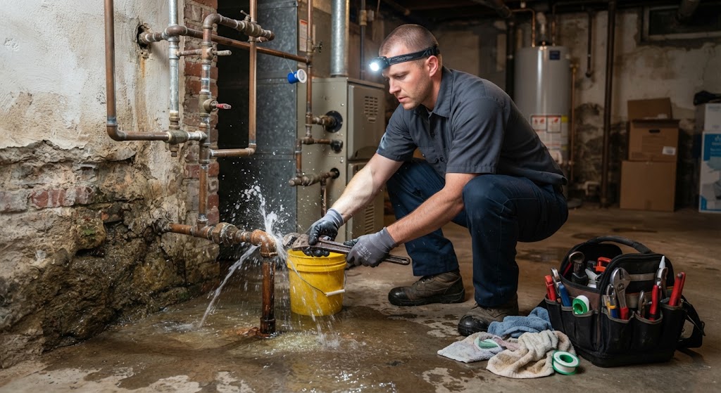 Technician performing emergency leak detection North Brunswick on a burst basement pipe