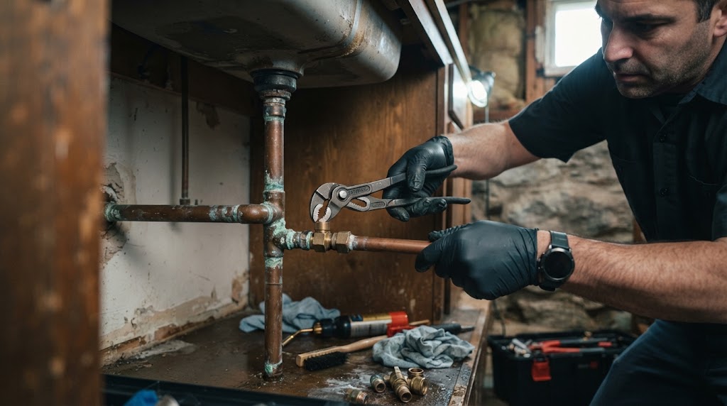 Technician performing pipe leak repair North Brunswick NJ on copper plumbing
