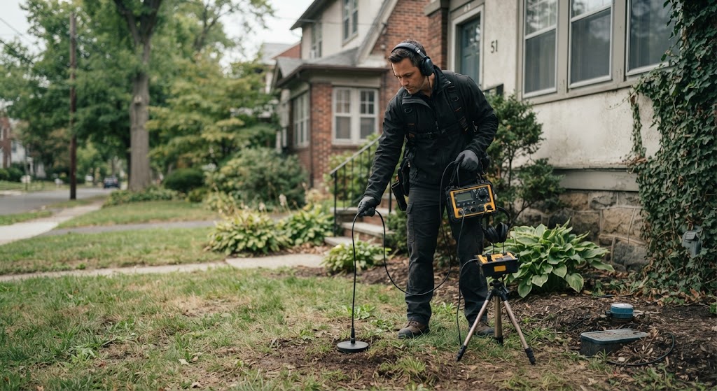 Technician using ground microphone for water line leak detection North Brunswick NJ