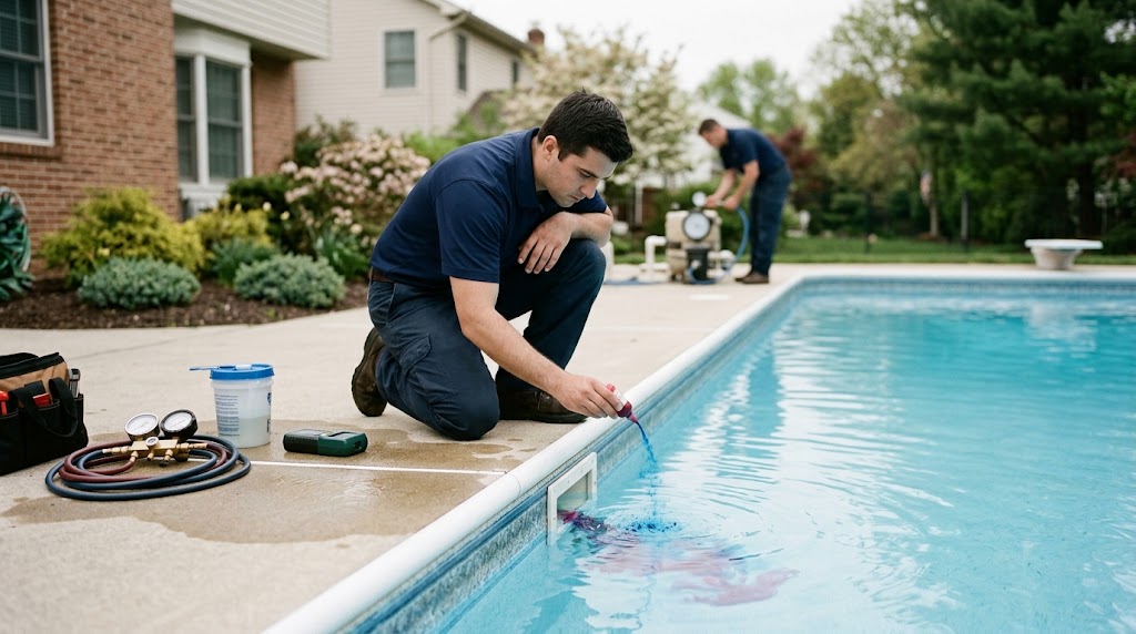 Technician performing dye test for pool leak detection North Brunswick NJ
