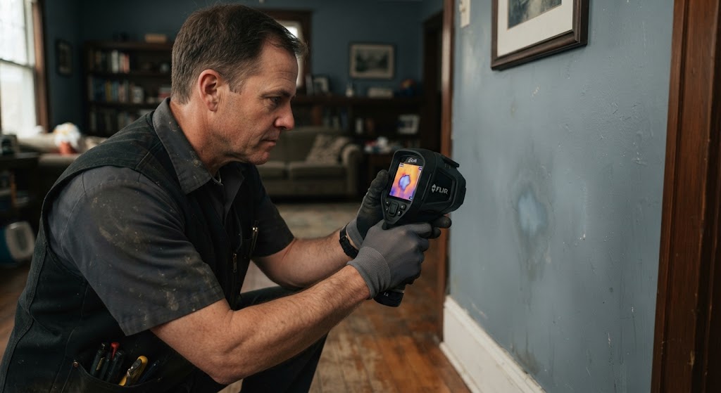 Technician using thermal imaging camera for leak detection North Brunswick NJ