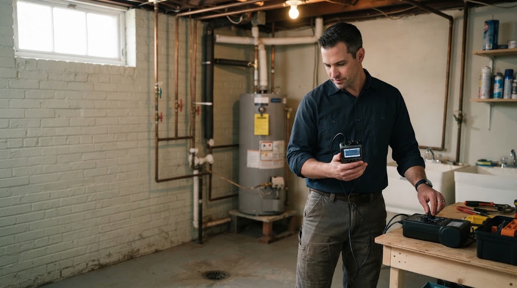 Technician performing basement leak detection North Brunswick NJ near water heater