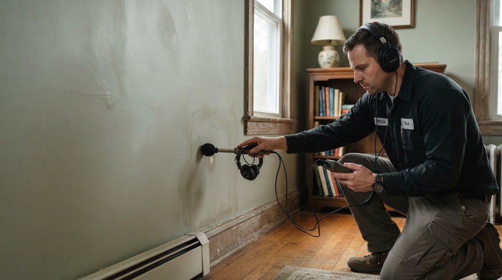 Technician listening for leak detection near Livingston Park area